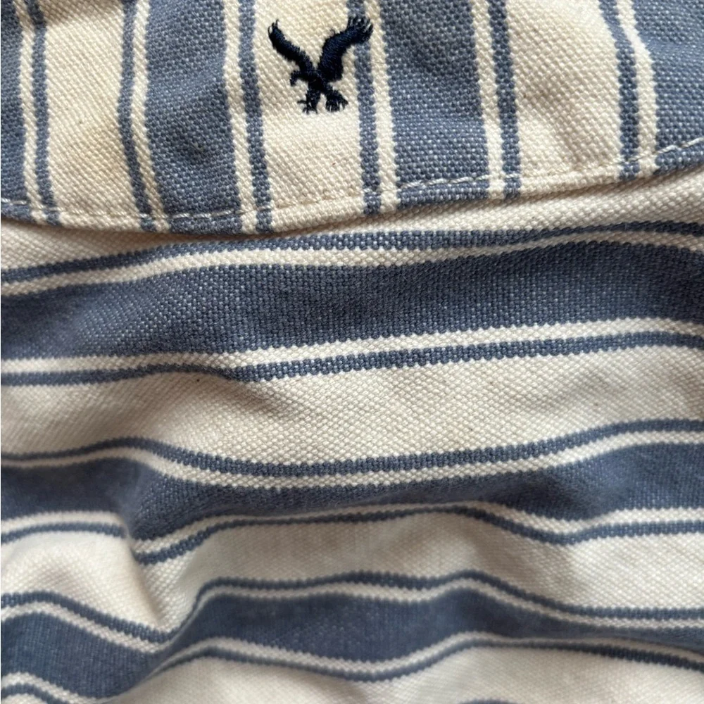 AE Striped Canvas Hobo Slouch Bag Double Knotted Handles Blue White Lined Beach